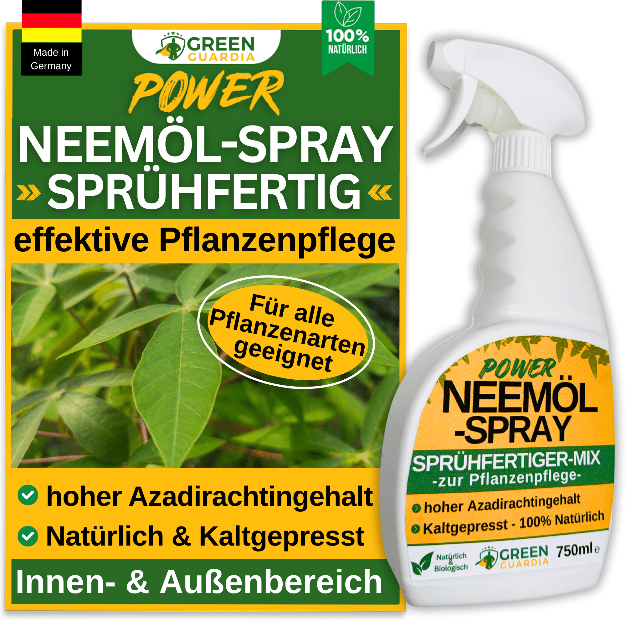 Neemöl Spray 750ml, - Sprühfertig - mit Emulgator zur Pflanzenpflege und Schutz - Green Guardia - Ihr Experte für Schädlinge und Pflanzen