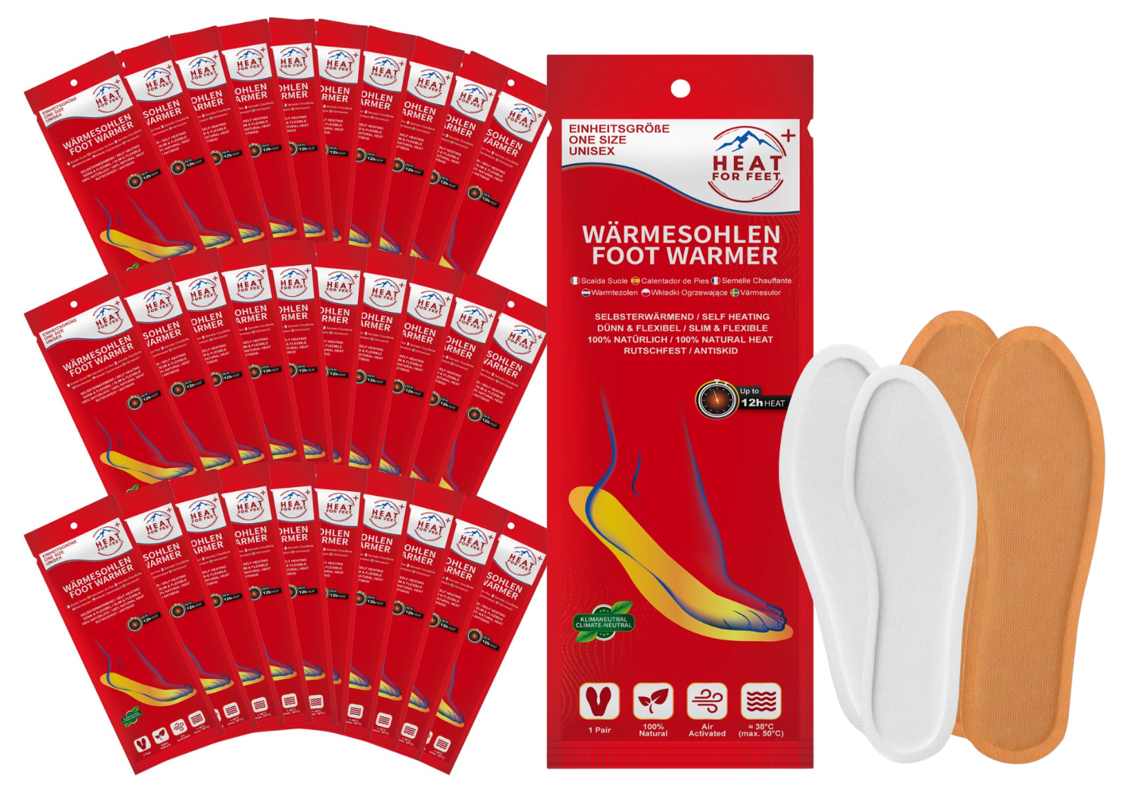 Heat for Feet, 10 Paar Wärmesohlen, bis zu 12 Std. Wärme, Einheitsgröße 36-46, dünn & flexibel, Sohlenwärmer,Sofort wärmende Einlegesohlen,Schuhwärmer